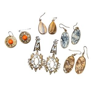 Gold Tone Earring Bundle Vintage Boho Stone Rhinestone 5 Pair Set